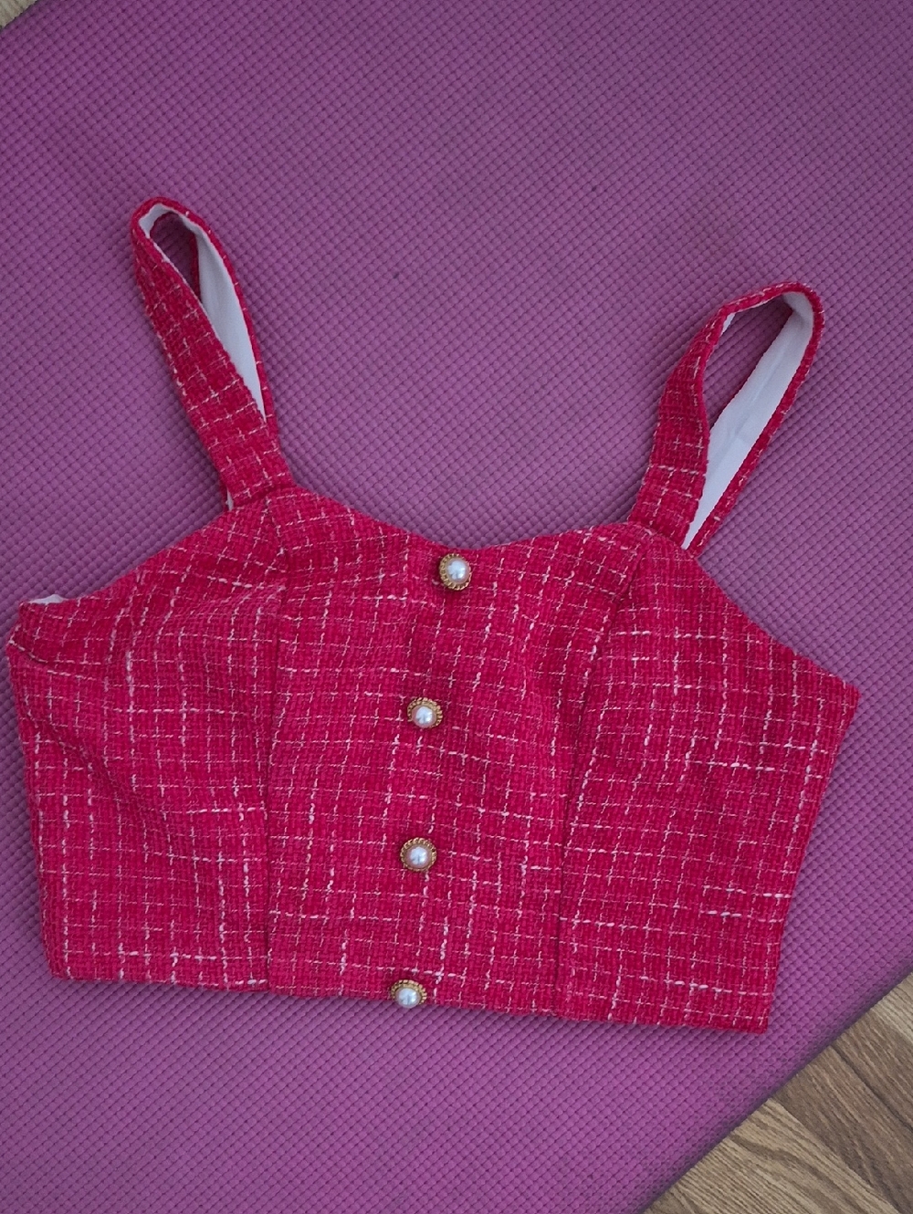 Pink Tweed Button Front Cropped Tank